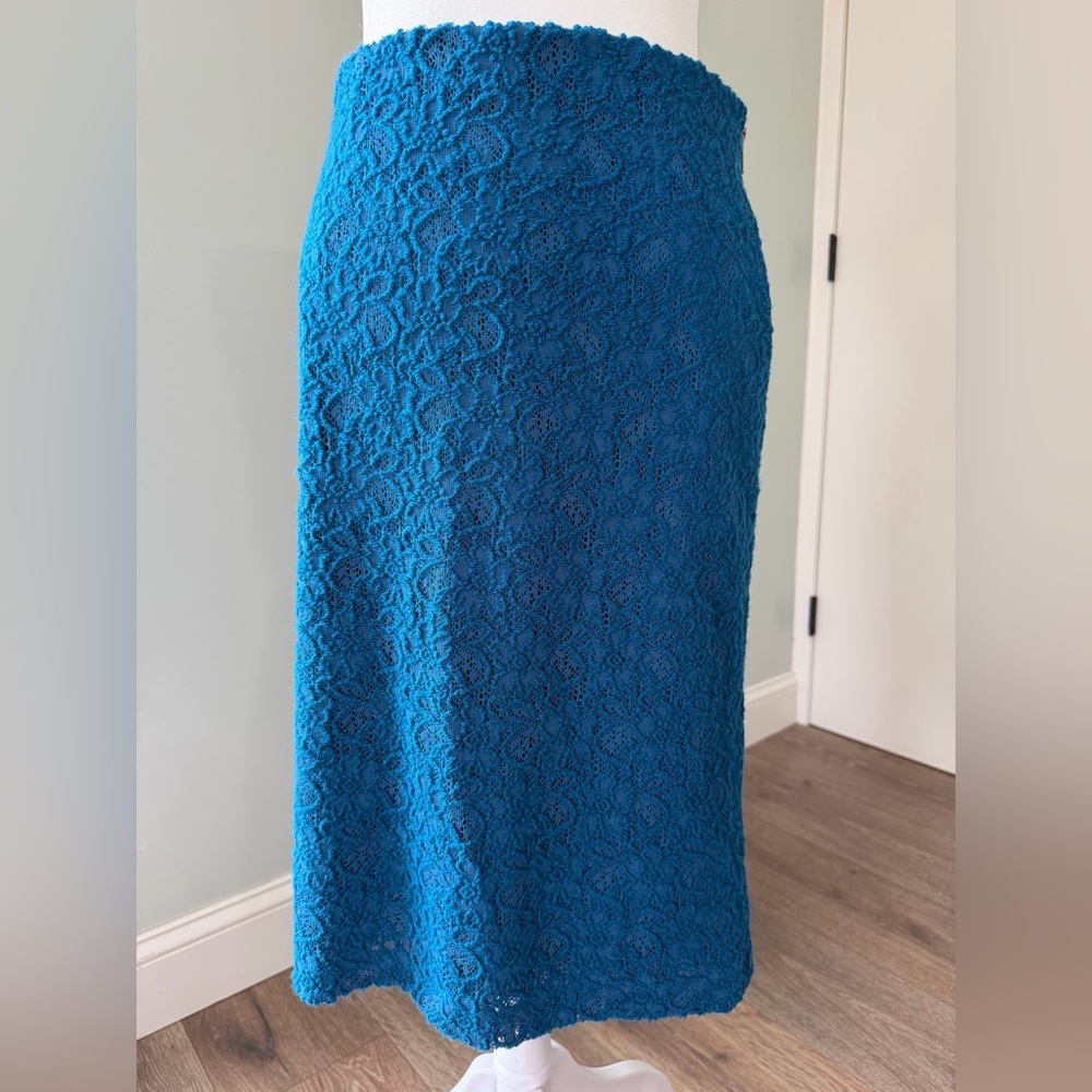 Moulinette Soeurs Anthropologie Teal Blue Texture Stretch Lace Pencil Skirt Sz 6